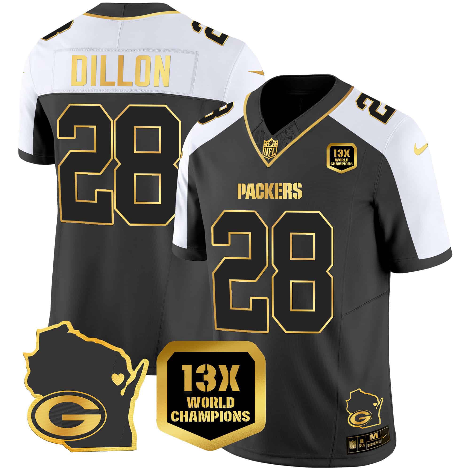 Men Green Bay Packers #28 Dillon Black Gold 2024 Nike World Champions Home Patch Vapor NFL Jersey